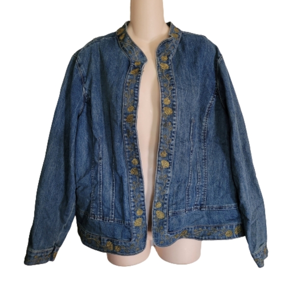 Blue Identity Gold Floral Metallic Open Front Blue Denim Jacket Size Women's 1X - Picture 1 of 11